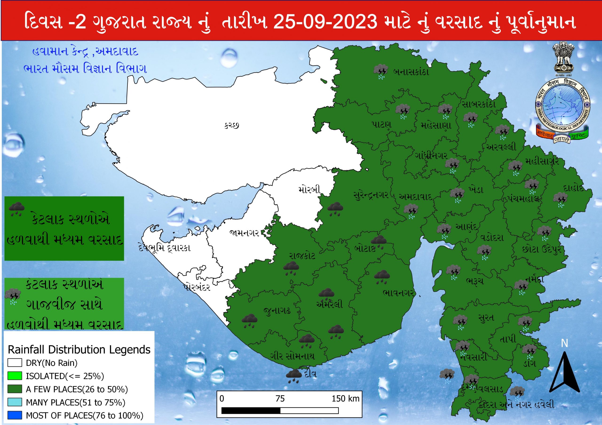  આજે 25મી સપ્ટેમ્બરના રોજ કચ્છ, મોરબી, જામનગર, દેવભૂમિ દ્વારકા, પોરબંદર અને મોરબીમાં વરસાદની કોઇ આગાહી કરવામાં આવી નથી. આ ઉપરાંતના તમામ જિલ્લાઓના કેટલાક સ્થળોએ હળવાથી મધ્યમ વરસાદ અને કેટલાક સ્થળોએ ગાજવીજ સાથે હળવા વરસાદની આગાહી કરવામાં આવી છે.