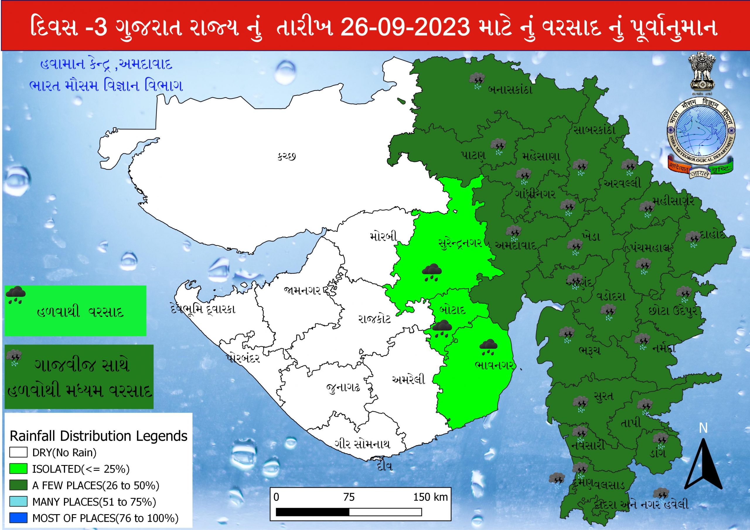  મંગળવારે 26મી સપ્ટેમ્બરના રોજ કચ્છ, મોરબી, જામનગર, દેવભૂમિ દ્વારકા, પોરબંદર, રાજકોટ,જુનાગઢ, અમરેલી, ગીર સોમનાથમાં વરસાદની શક્યતા અંગે આગાહી કરવામાં આવી નથી. આ સાથે સુરેન્દ્રનગર, બોટાદ, ભાવનગરમાં હળવા વરસાદની આગાહી કરવામાં આવી છે. આ ઉપરાંતનાં જિલ્લાઓમાં ગાજવીજ સાથે હળવાથી મધ્યમ વરસાદની આગાહી કરવામાં આવી છે.