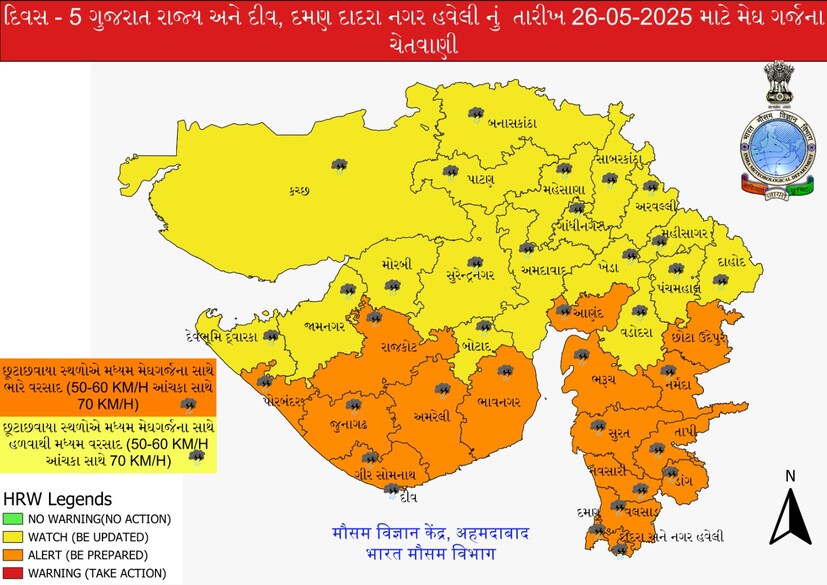   According to the Meteorological Department, on the 26th, Orange Alert has been issued in Gir Somnath, Amreli, Bhavnagar, Junagadh, Rajkot, Porbandar, Anand, Bharuch, Narmada, Chhotaudepur, Narmada, Surat, Tapi, Dang, Navsari, Valsad. Heavy rains are forecast in these districts with light to moderate thunderstorms in scattered places. In addition to this, moderate rainfall is forecast with light to moderate thunderstorms in scattered places.