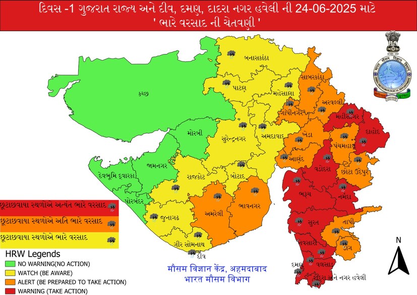   According to the Meteorological Department, heavy rainfall is forecast in Vadodara, Bharuch, Narmada, Surat, Navsari, Valsad, Dahod, Mahisagar on June 24. A red alert has been provided in these areas. Along with this, Orange Alert has been issued in Sabarkantha, Gandhinagar, Aravalli, Kheda, Anand, Panchamahal, Chhotaudepur, Tapi, Dang, Amreli, Bhavnagar. With this, heavy rainfall is forecast in this district. Apart from this, heavy rainfall is forecast in Banaskantha, Patan, Mehsana, Ahmedabad, Surendranagar, Rajkot, Gir Somnath, Botad and Di. Yellow alert has been issued in these districts.
