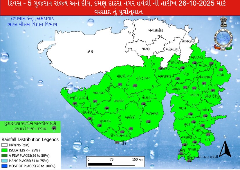  26 ઓક્ટોબરના રોજ અમદાવાદ સહિત ગાંધીનગર, અરવલ્લી, ખેડા, આણંદ, પંચમહાલ, દાહોદ, મહીસાગર, વડોદરા, છોટા ઉદેપુર, નર્મદા, ભરૂચ, સુરત, ડાંગ, તાપી, નવસારી, વલસાડ અને દમણ, દાદરા અને નગર હવેલી, સુરેન્દ્રનગર, રાજકોટ, જામનગર, પોરબંદર, જૂનાગઢ, અમરેલી, ભાવનગર, મોરબી, દ્વારકા, ગીર સોમનાથ, બોટાદ અને દીવમાં ગાજવીજ સાથે હળવાથી મધ્યમ વરસાદની સંભાવના છે.