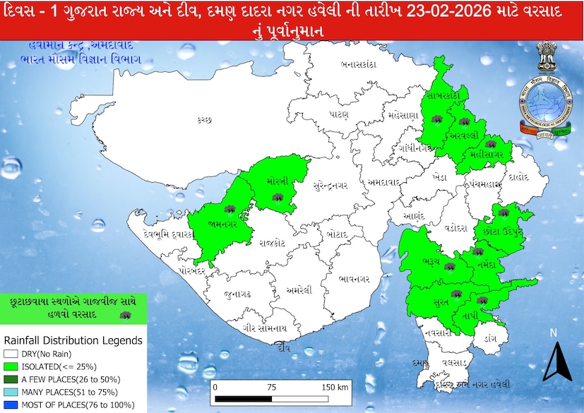 હવામાન વિભાગે આપેલી માહિતી પ્રમાણે, આજે (23 ફેબ્રુઆરી) સૌરાષ્ટ્ર, ઉત્તર અને દક્ષિણ ગુજરાતના 10 જિલ્લામાં છૂટાછવાયા સ્થળોએ ગાજવીજ સાથે હળવો વરસાદ પડવાની આગાહી છે. આજે આપેલા વરસાદના પૂર્વાનુમાન પ્રમાણે, જામનગર, મોરબી, સાબરકાંઠા, અરવલ્લી, મહીસાગર, છોટાઉદેપુર, ભરૂચ, નર્મદા, સુરત, તાપીમાં છૂટાછવાયા સ્થળોએ ગાજવીજ સાથે હળવા વરસાદની આગાહી છે. હવામાન વિભાગે આપેલી માહિતી પ્રમાણે, આજે (23 ફેબ્રુઆરી) સૌરાષ્ટ્ર, ઉત્તર અને દક્ષિણ ગુજરાતના 10 જિલ્લામાં છૂટાછવાયા સ્થળોએ ગાજવીજ સાથે હળવો વરસાદ પડવાની આગાહી છે. આજે આપેલા વરસાદના પૂર્વાનુમાન પ્રમાણે, જામનગર, મોરબી, સાબરકાંઠા, અરવલ્લી, મહીસાગર, છોટાઉદેપુર, ભરૂચ, નર્મદા, સુરત, તાપીમાં છૂટાછવાયા સ્થળોએ ગાજવીજ સાથે હળવા વરસાદની આગાહી છે.