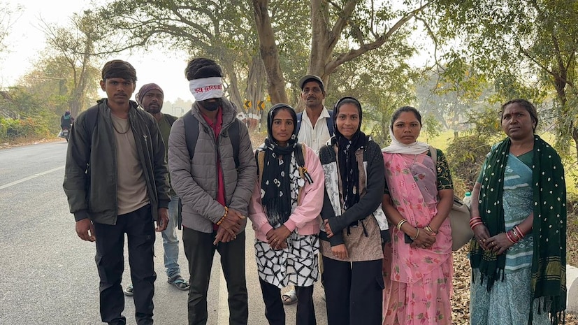 The blindfolded young man walk The blindfolded young man walk