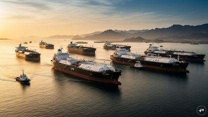 હોર્મુઝ બોર્ડર પાસે તહેનાત LPG ટેન્કર. (AI PHOTO)