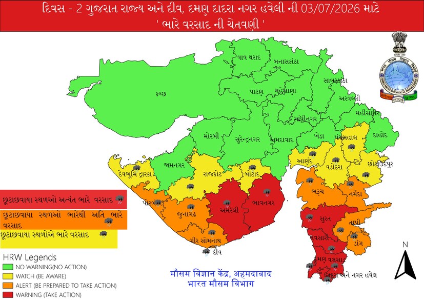  હવામાન વિભાગે આપેલા વેધર મેપ પ્રમાણે, આજે ત્રીજી જુલાઈથી આઠમી જુલાઈ સુધી ગુજરાતમાં સાર્વત્રિક વરસાદની આગાહી છે. આજે ત્રીજી જુલાઈના રોજ સૌરાષ્ટ્ર, મધ્ય અને દક્ષિણ ગુજરાતના કેટલાક જિલ્લાઓમાં રેડ, ઓરેન્જ અને યલો એલર્ટ આપી છે. મેપમાં જુઓ કયા કયા જિલ્લાઓમાં ભારેથી અતિભારે વરસાદની આગાહી આપવામાં આવી છે.