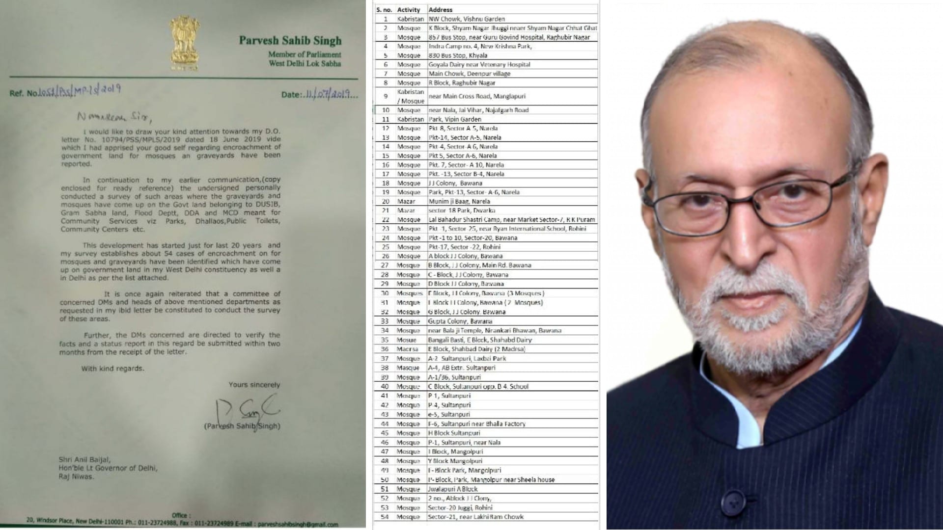 بی جے پی رکن پارلیمان پرویش صاحب سنگھ ورما کی جانب سے ایل جی کو پیش کردہ مساجد کی فہرست۔تصویر۔(نیوز18 اردو)۔
