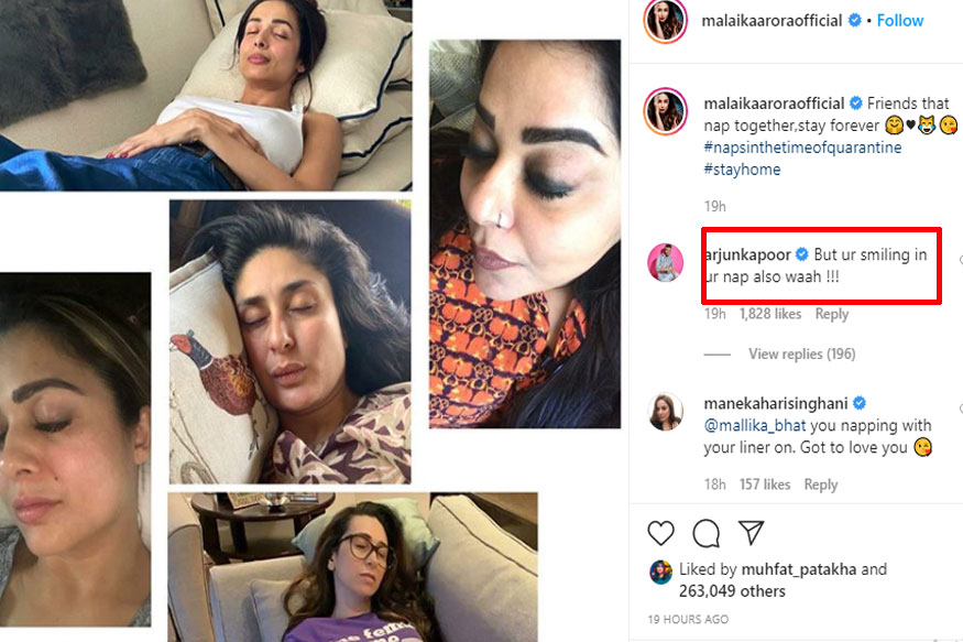 تصویر میں سبھی سو رہے ہیں۔ اس تصویر میں ملائیکہ اروڑہ سو رہی ہیں لیکن چہرے پر ہنسی ہے۔ کرینہ کپور بھی سوتے وقت پاؤٹ بناتی نظر آرہی ہیں۔ وہیں کرینہ اور ملائیکہ کی دوست ملیکا بھٹ میک اپ کے ساتھ سوتی نظر آرہی ہیں۔ اس تصویر پر ارجن کپور کی نظر پڑی اور انہوں نے اپنی گرل فرینڈ ملائیکہ اروڑہ کی ٹانگ کھینچنی شروع کردی۔ تصویر میں سبھی سو رہے ہیں۔ اس تصویر میں ملائیکہ اروڑہ سو رہی ہیں لیکن چہرے پر ہنسی ہے۔ کرینہ کپور بھی سوتے وقت پاؤٹ بناتی نظر آرہی ہیں۔ وہیں کرینہ اور ملائیکہ کی دوست ملیکا بھٹ میک اپ کے ساتھ سوتی نظر آرہی ہیں۔ اس تصویر پر ارجن کپور کی نظر پڑی اور انہوں نے اپنی گرل فرینڈ ملائیکہ اروڑہ کی ٹانگ کھینچنی شروع کردی۔