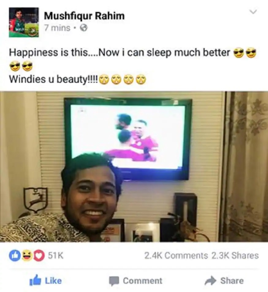 ٹی 20 ورلڈ کپ میں سیمی فائنل میں ہندستان کو ویسٹ انڈیز نے ساتھ وکٹ سے ہرایا جس کے بعد رحیم نے ٹی وی میں چل رہے میچ کے ساتھ سیلفی پوسٹ کی اور کہا کہ یہ خوشی ہے اور اب وہ اچھی طرح سے سو سکتے ہیں۔ ٹی 20 ورلڈ کپ میں سیمی فائنل میں ہندستان کو ویسٹ انڈیز نے ساتھ وکٹ سے ہرایا جس کے بعد رحیم نے ٹی وی میں چل رہے میچ کے ساتھ سیلفی پوسٹ کی اور کہا کہ یہ خوشی ہے اور اب وہ اچھی طرح سے سو سکتے ہیں۔