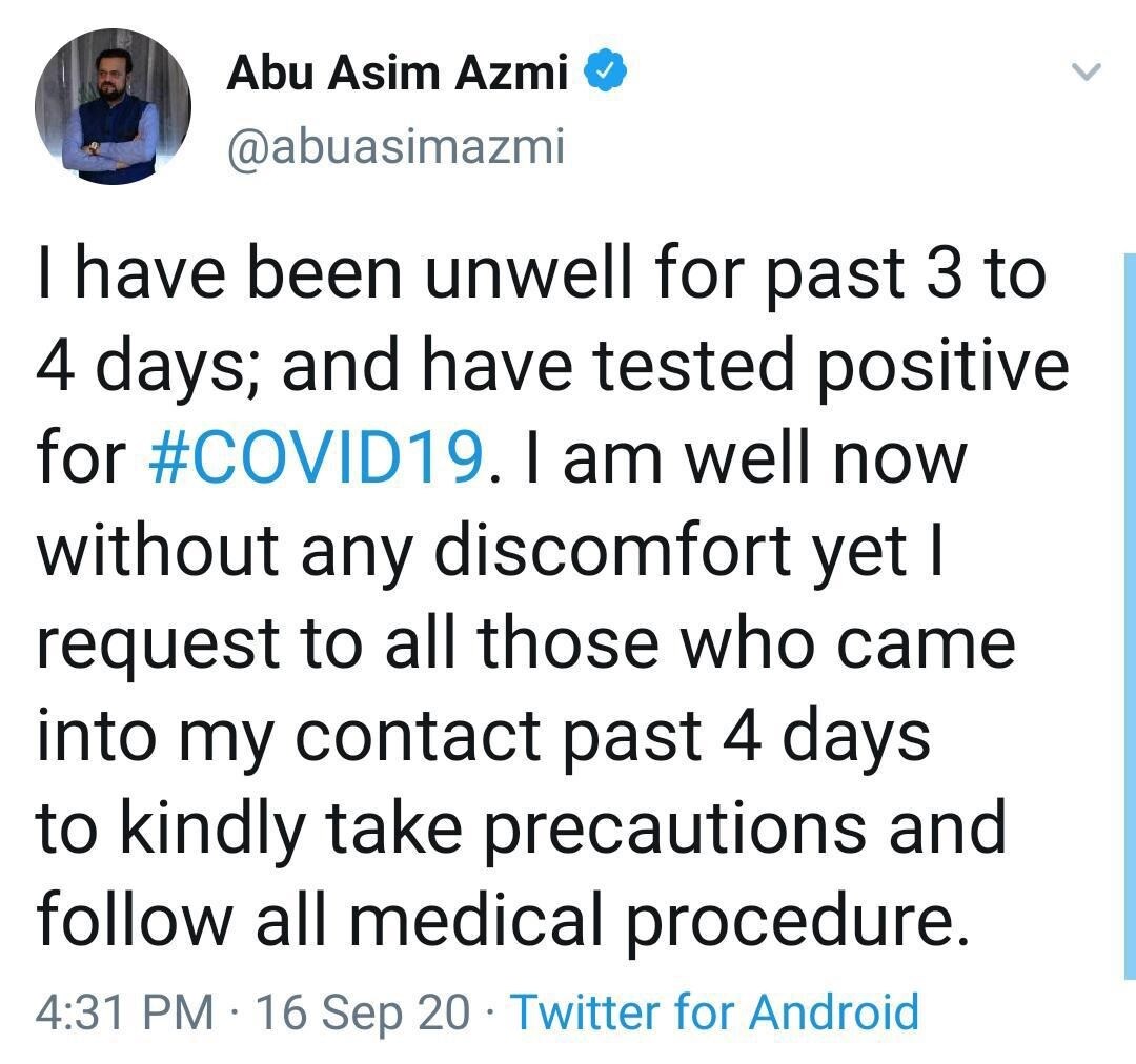 ابوعاصم اعظمی نے گھر میں خود کو علیحدہ کرلیا ہے اور ان کا علاج بھی جاری ہے جبکہ انہیں کسی بھی قسم کی کوئی تکلیف یا شکایت نہیں ہے۔