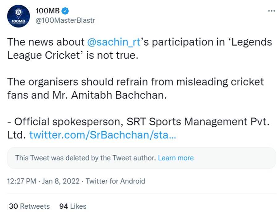  ایس آر ٹی اسپورٹس کے آفیشیل ترجمان نے کہا کہ سچن کے لیجنڈس کرکٹ لیگ میں کھیلنے کی خبر سچ نہیں ہے ۔ آرگنائزرس کو کرکٹ فینس اور امیتابھ بچن کو گمراہ کرنے سے بچنا چاہئے ۔ (Twitter)