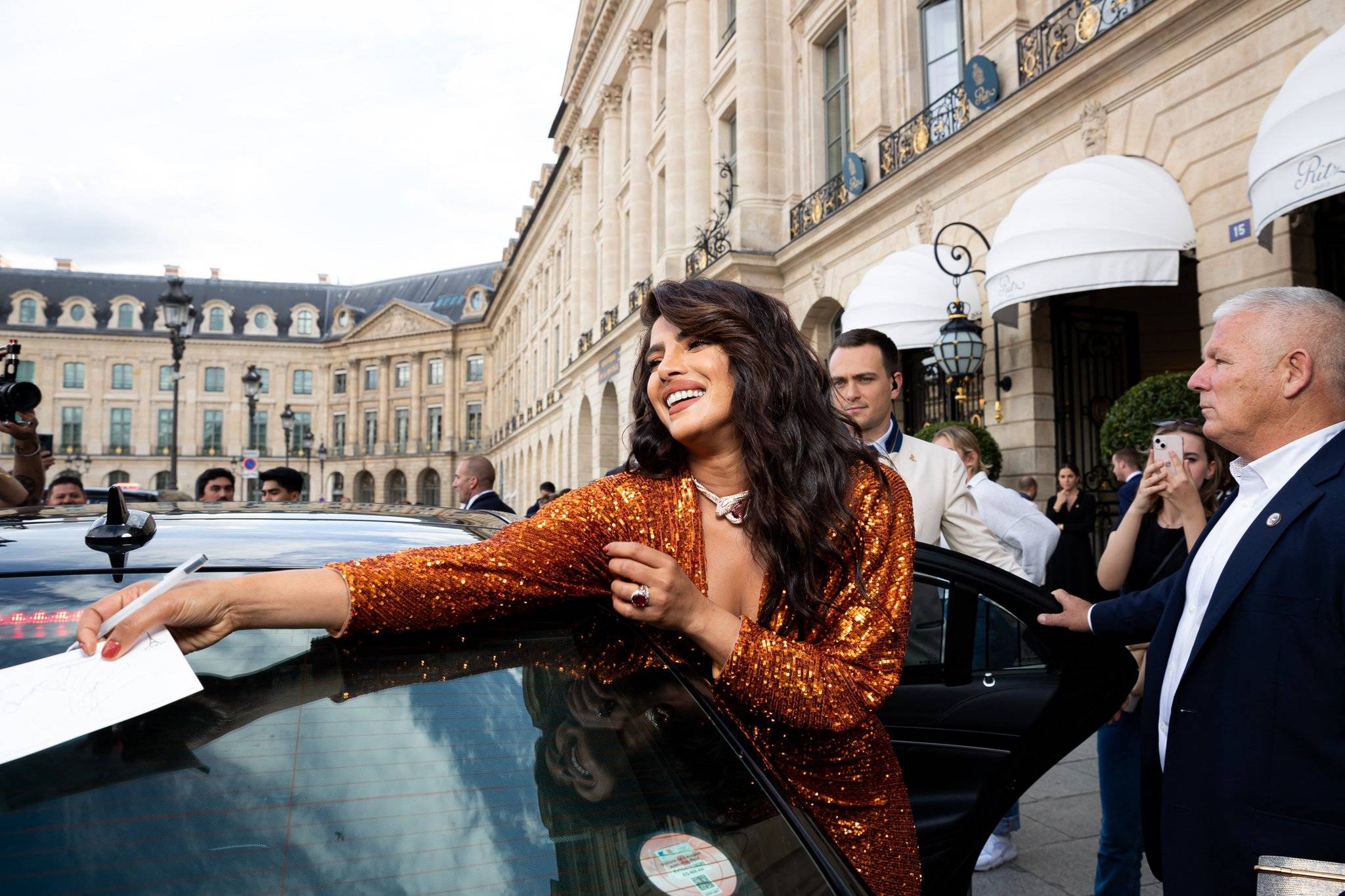 priyanka chopra orange plunging sequin dress photos 7