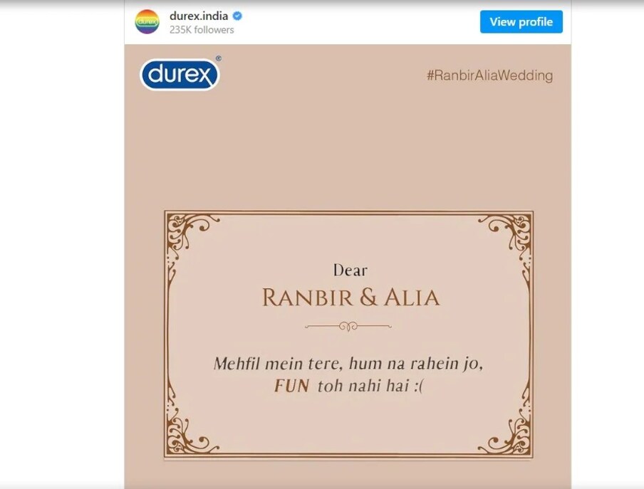  آپ کو یاد دلائیں کہ رنبیر-عالیہ کی شادی کے موقع پر بھی ڈیوریکس نے ایک مبارکباد کا پیغام دیتے ہوئے پوسٹ شیئر کی تھی۔ اس دوران بھی ڈیوریکس نے رنبیر کپور کے مشہور گانے چنا میریا کا حوالہ دیتے ہوئے پوسٹ میں لکھا تھا، 'ڈیئر رنبیر اور عالیہ، محفل میں تیری ہم نہ رہے جو، مزہ تو نہیں ہے'۔