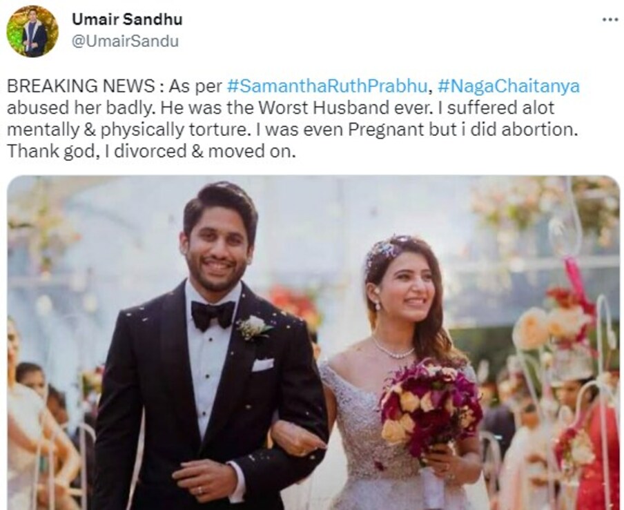  عمیر نے اپنی ٹوئٹ میں سمانتھا کے بارے میں مزید لکھا کہ 'مجھے ذہنی اذیت کا سامنا کرنا پڑا ہے۔ میں نے مار پیٹ (جسمانی طور پر ٹارچر) جھیلا ہے۔ میں حاملہ تھی لیکن میرا اسقاط حمل ہوگیا۔ خدا کا شکر ہے کہ میں نے طلاق دی اور اس سے علیحدگی اختیار کر لی''۔ تاہم اس پورے معاملے پر سمانتھا اور ناگا چیتنیا کا آفیشیلی طور پر ردعمل سامنے نہیں آیا ہے۔