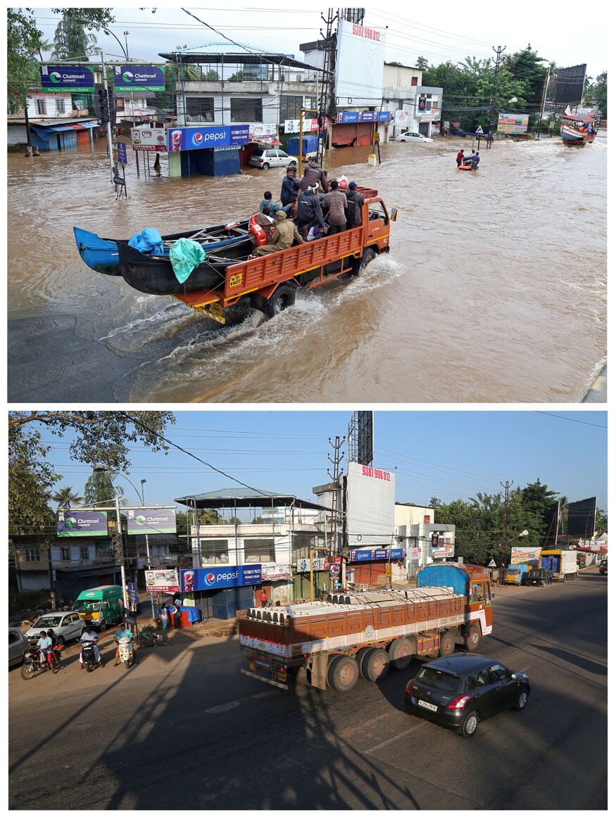 மேலே உள்ள படம் - கேரளாவில், ஆலூவாவின் முக்கிய சாலைகளில் வெள்ள நீரில் மிதந்து செல்லும் வாகனங்கள்.கீழ் படம் - அதே சாலையில் தற்போது வெள்ளத்திற்கு பிறகு சாலையில் செல்லும் வாகனங்கள். (Image: Reuters) மேலே உள்ள படம் - கேரளாவில், ஆலூவாவின் முக்கிய சாலைகளில் வெள்ள நீரில் மிதந்து செல்லும் வாகனங்கள்.கீழ் படம் - அதே சாலையில் தற்போது வெள்ளத்திற்கு பிறகு சாலையில் செல்லும் வாகனங்கள். (Image: Reuters)