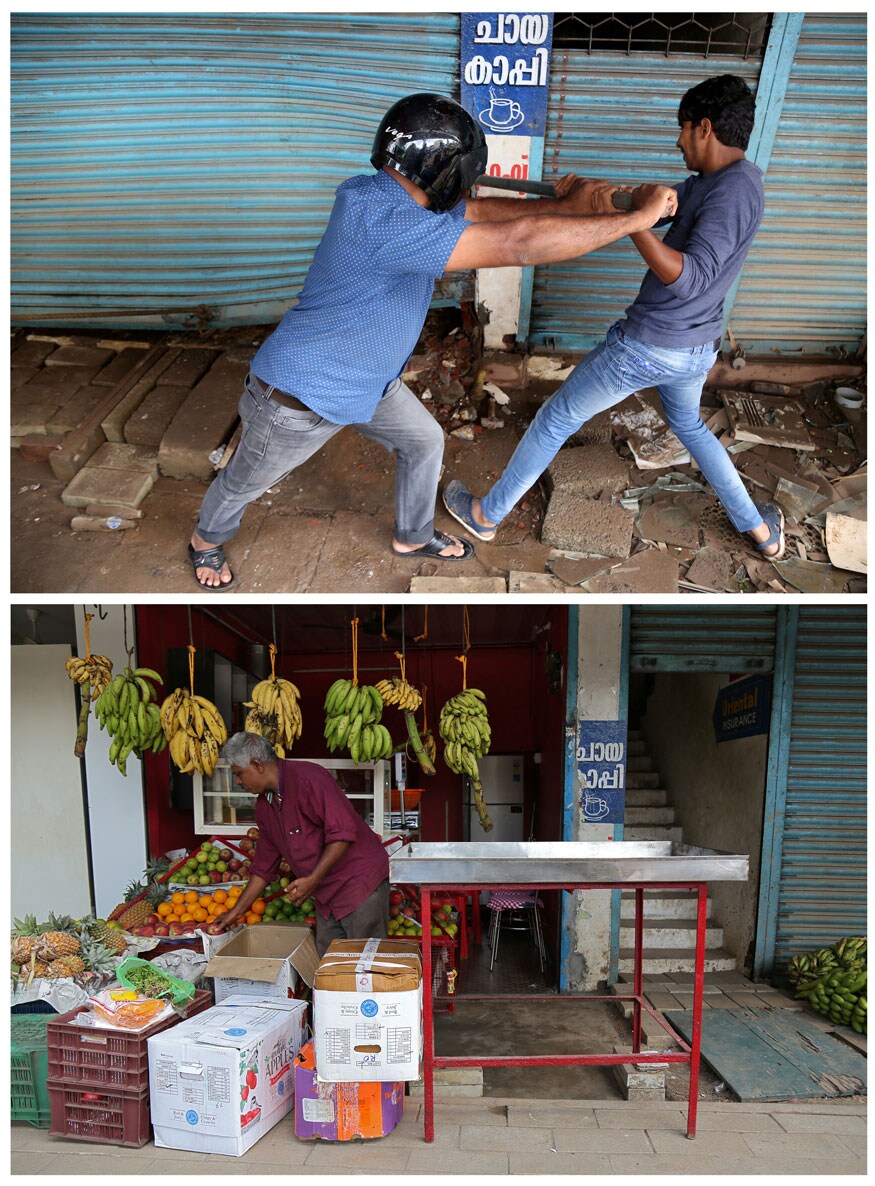 மேலே உள்ள படம் - வெள்ளத்தால் பாதிக்கப்பட்ட தனது கடையை இரும்பு ஆயுதத்தைக் கொண்டு திற்கும் ஒருவர். கீழ் படம் - அதே இடத்தில் வெள்ளத்திற்கு பிறகு தனது கடையில் பழங்களை அடுக்கி வைத்திருக்கும் கடைகாரர். (Image: Reuters) மேலே உள்ள படம் - வெள்ளத்தால் பாதிக்கப்பட்ட தனது கடையை இரும்பு ஆயுதத்தைக் கொண்டு திற்கும் ஒருவர். கீழ் படம் - அதே இடத்தில் வெள்ளத்திற்கு பிறகு தனது கடையில் பழங்களை அடுக்கி வைத்திருக்கும் கடைகாரர். (Image: Reuters)