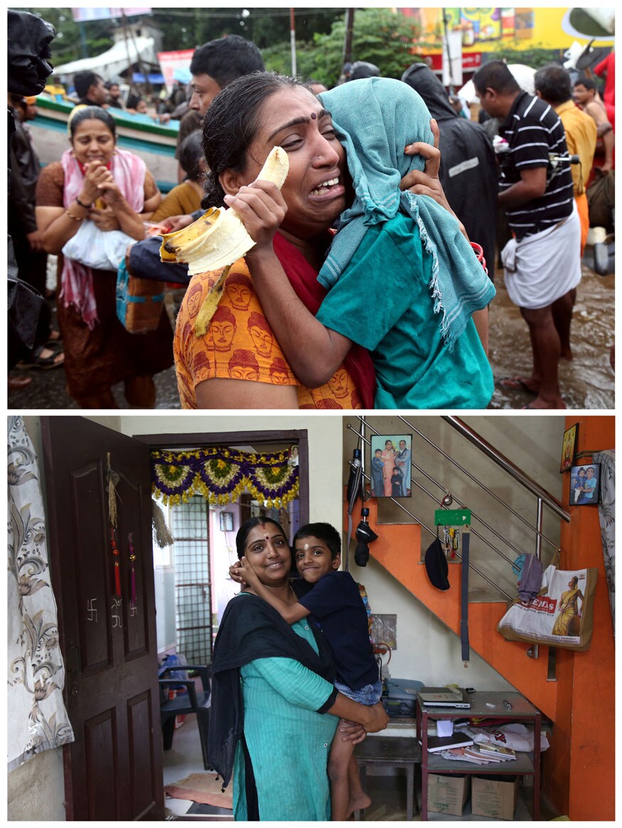 மேலே உள்ள படம் - ஆலூவாவில் வெள்ளத்தினால் தனது குழந்தையுடன் வீட்டைவிட்டு வெளியேறியதால் அழும் பெண். கீழ் படம் - அதே பெண் தற்போது சிரிப்புடன் தன் சொந்த வீட்டில், தனது மகனுடன் (Image: Reuters) மேலே உள்ள படம் - ஆலூவாவில் வெள்ளத்தினால் தனது குழந்தையுடன் வீட்டைவிட்டு வெளியேறியதால் அழும் பெண். கீழ் படம் - அதே பெண் தற்போது சிரிப்புடன் தன் சொந்த வீட்டில், தனது மகனுடன் (Image: Reuters)