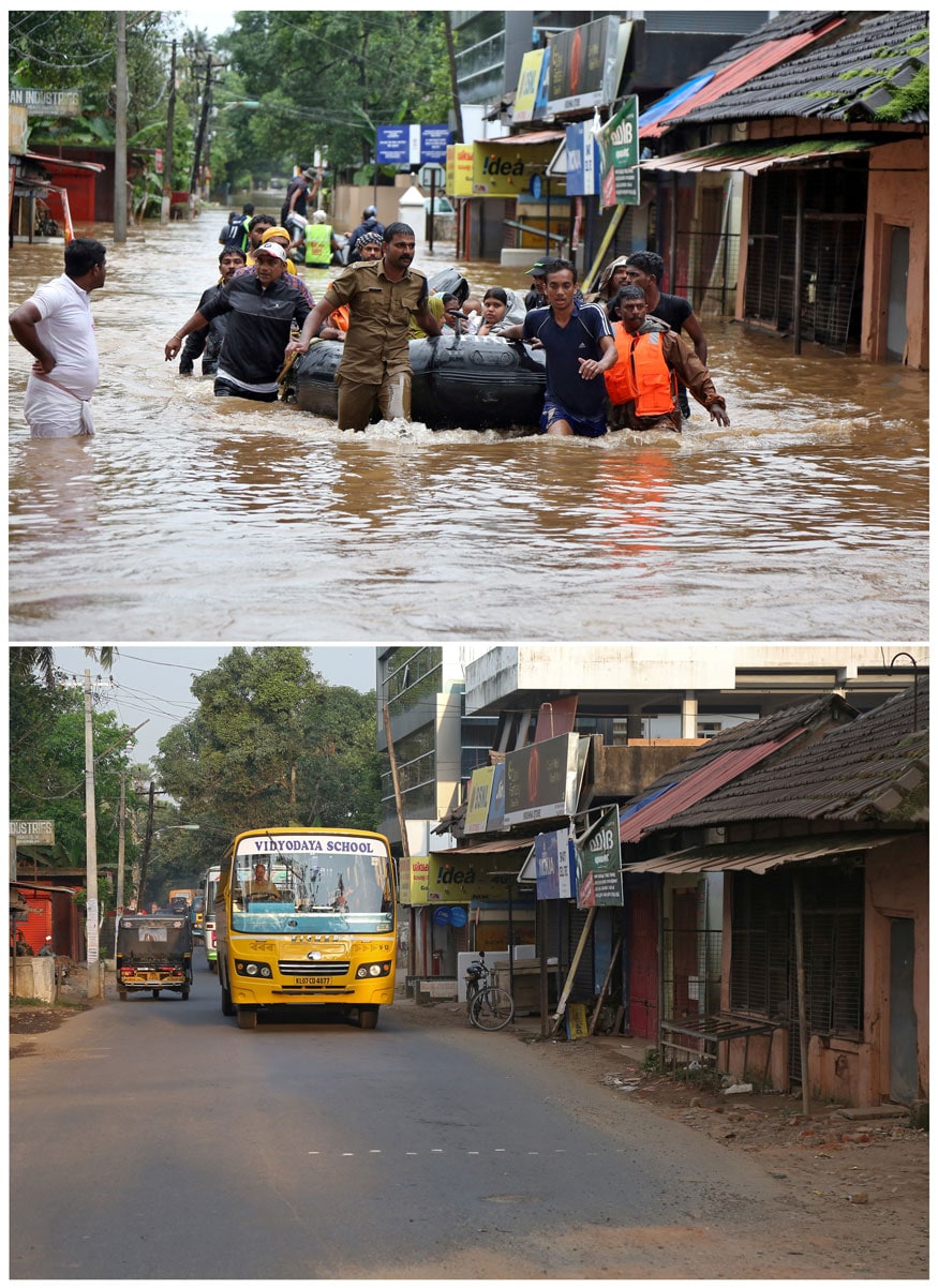 மேலே உள்ள படம் - கேரளாவின் ஆலூவாவில் உள்ள ஒரு சாலையில் வெள்ளத்தினால் பாதிக்கப்பட்ட மக்களை மீட்கும் , மீட்பு படையினர். கீழ் படம் - அதே சாலையில் வெள்ளத்திற்கு பிறகு பள்ளி குழந்தைகளை ஏற்றி செல்லும் பள்ளி வாகனம் (Image: Reuters) மேலே உள்ள படம் - கேரளாவின் ஆலூவாவில் உள்ள ஒரு சாலையில் வெள்ளத்தினால் பாதிக்கப்பட்ட மக்களை மீட்கும் , மீட்பு படையினர். கீழ் படம் - அதே சாலையில் வெள்ளத்திற்கு பிறகு பள்ளி குழந்தைகளை ஏற்றி செல்லும் பள்ளி வாகனம் (Image: Reuters)