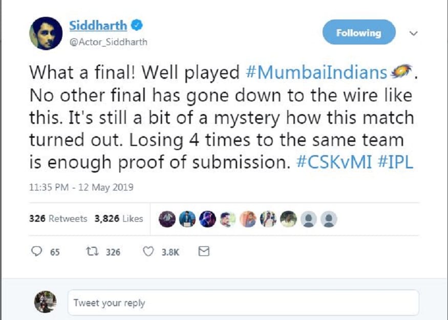 சித்தார்த்: என்ன ஒரு இறுதி ஆட்டம். நன்றாக ஆடினீர்கள் மும்பை இந்தியன்ஸ். எந்த ஒரு இறுதிப் போட்டியும் இந்த அளவுக்கு நூலிழையில் சென்றிருக்காது. இந்த மேட்ச் எப்படி மாறியது என்பது இன்னும் மர்மமாகவே இருக்கிறது. ஒரே அணியிடம் 4 முறை தோற்பது என்பது கீழ்படிதலின் சிறந்த சாட்சி. சித்தார்த்: என்ன ஒரு இறுதி ஆட்டம். நன்றாக ஆடினீர்கள் மும்பை இந்தியன்ஸ். எந்த ஒரு இறுதிப் போட்டியும் இந்த அளவுக்கு நூலிழையில் சென்றிருக்காது. இந்த மேட்ச் எப்படி மாறியது என்பது இன்னும் மர்மமாகவே இருக்கிறது. ஒரே அணியிடம் 4 முறை தோற்பது என்பது கீழ்படிதலின் சிறந்த சாட்சி.