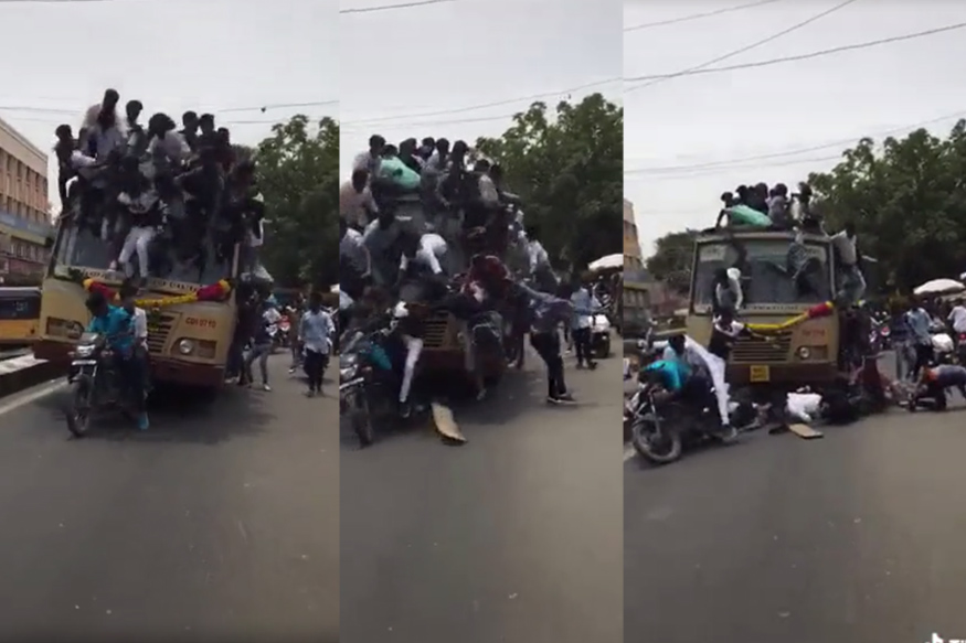 பேருந்தின் மேற்கூரையில் பயணம் செய்த மாணவர்கள்