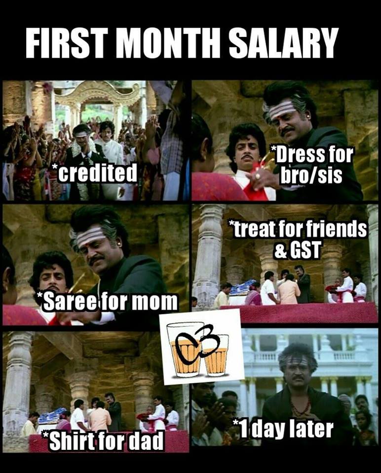 முதல் மாத சம்பளம் வாங்கியது முதல், செலவானது வரை... முத்து படத்தோடு ஒப்பிட்டு மீம்ஸ் போட்டுள்ளனர் முதல் மாத சம்பளம் வாங்கியது முதல், செலவானது வரை... முத்து படத்தோடு ஒப்பிட்டு மீம்ஸ் போட்டுள்ளனர்