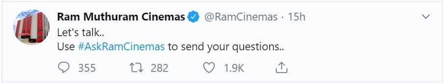 <br />#AskRamCinemas என்ற ஹேஷ்டேக்கை பயன்படுத்தி ரசிகர்கள் கேள்விகளை கேட்கலாம் என்று நெல்லை ராம் சினிமாஸ் அறிவித்திருந்ததை அடுத்து பல கேள்விகளை ரசிகர்கள் கேட்டனர். <br />#AskRamCinemas என்ற ஹேஷ்டேக்கை பயன்படுத்தி ரசிகர்கள் கேள்விகளை கேட்கலாம் என்று நெல்லை ராம் சினிமாஸ் அறிவித்திருந்ததை அடுத்து பல கேள்விகளை ரசிகர்கள் கேட்டனர்.