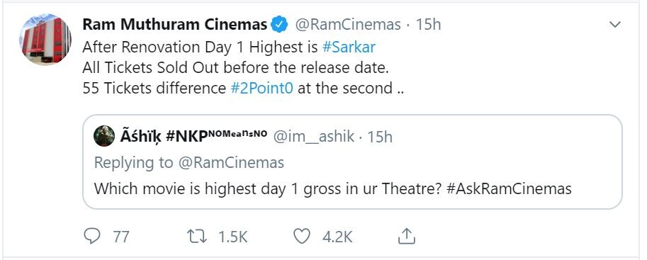தியேட்டரை புதுப்பித்த பிறகு முதல் நாள் வசூலில் விஜய்யின் சர்கார் தான் அதிகம். 55 டிக்கெட்டுகள் வித்தியாசத்தில் ரஜினியின் 2.0 இரண்டாம் இடத்தில் உள்ளது. தியேட்டரை புதுப்பித்த பிறகு முதல் நாள் வசூலில் விஜய்யின் சர்கார் தான் அதிகம். 55 டிக்கெட்டுகள் வித்தியாசத்தில் ரஜினியின் 2.0 இரண்டாம் இடத்தில் உள்ளது.