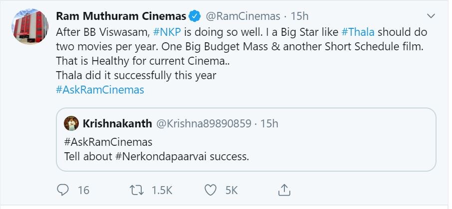 விஸ்வாசம் படத்திற்கு பிறகு நேர்கொண்ட பார்வை வெற்றிகரமாக ஓடிக்கொண்டிருக்கிறது. நடிகர் அஜித் வருடத்திற்கு 2 படங்களில் நடிக்க வேண்டும். இந்த வருடம் தல சிறப்பாக செய்துவிட்டார். விஸ்வாசம் படத்திற்கு பிறகு நேர்கொண்ட பார்வை வெற்றிகரமாக ஓடிக்கொண்டிருக்கிறது. நடிகர் அஜித் வருடத்திற்கு 2 படங்களில் நடிக்க வேண்டும். இந்த வருடம் தல சிறப்பாக செய்துவிட்டார்.