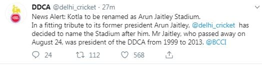 இந்த நிலையில் டெல்லி கிரிக்கெட் மைதானத்திற்கு அருண் ஜெட்லி பெயரைச் சூட்ட டெல்லி கிரிக்கெட் சங்கம் முடிவெடுத்தது. இந்த நிலையில் டெல்லி கிரிக்கெட் மைதானத்திற்கு அருண் ஜெட்லி பெயரைச் சூட்ட டெல்லி கிரிக்கெட் சங்கம் முடிவெடுத்தது.