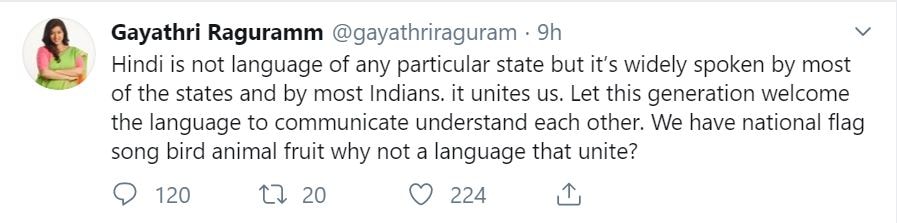 இந்தி எந்தவொரு மாநிலத்தின் மொழியும் அல்ல. அது அதிகம் பேரால் பேசப்படுகிறது. இந்த தலைமுறையினர் ஒருவரை ஒருவர் தொடர்பு கொள்ள இந்தி கற்றுக் கொள்ளட்டும். தேசிய கொடி, தேசிய விலங்கு இருக்கும் போது, தேசிய மொழி இருக்கக்கூடாதா? இந்தி எந்தவொரு மாநிலத்தின் மொழியும் அல்ல. அது அதிகம் பேரால் பேசப்படுகிறது. இந்த தலைமுறையினர் ஒருவரை ஒருவர் தொடர்பு கொள்ள இந்தி கற்றுக் கொள்ளட்டும். தேசிய கொடி, தேசிய விலங்கு இருக்கும் போது, தேசிய மொழி இருக்கக்கூடாதா?