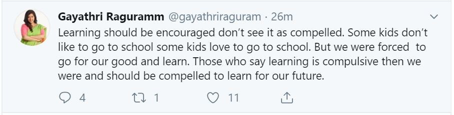 ஒரு விஷயத்தை கற்றுக்கொள்ள ஊக்குவிக்க வேண்டுமே தவிர கட்டாயப்படுத்தக் கூடாது. சில குழந்தைகளுக்கு பள்ளிக்கு செல்ல பிடிக்கும் சில குழந்தைகளுக்கு பிடிக்காது. ஆனால் நாம் அவர்களை கட்டாயம்படுத்துகிறோம். படிப்பது கட்டாயம் என்று சொன்னால், சொல்வபர்களும் எதிர்காலத் தேவைக்காக சில விஷயங்களுக்காக கட்டாயமாக செய்தாக வேண்டும் ஒரு விஷயத்தை கற்றுக்கொள்ள ஊக்குவிக்க வேண்டுமே தவிர கட்டாயப்படுத்தக் கூடாது. சில குழந்தைகளுக்கு பள்ளிக்கு செல்ல பிடிக்கும் சில குழந்தைகளுக்கு பிடிக்காது. ஆனால் நாம் அவர்களை கட்டாயம்படுத்துகிறோம். படிப்பது கட்டாயம் என்று சொன்னால், சொல்வபர்களும் எதிர்காலத் தேவைக்காக சில விஷயங்களுக்காக கட்டாயமாக செய்தாக வேண்டும்