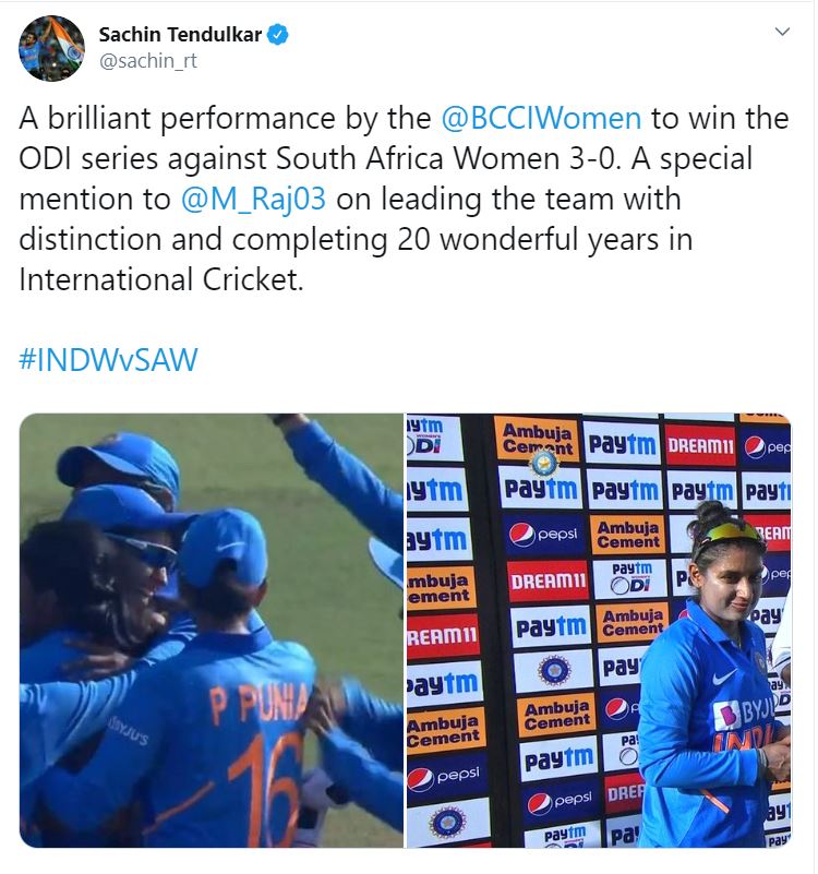 தென் ஆப்பிரிக்க பெண்கள் அணிக்கு எதிரான ஒரு நாள் தொடரை வென்ற நிலையில் இந்திய பெண்கள் அணிக்கு வாழ்த்துக்களை தெரிவித்தார் சச்சின் டெண்டுல்கர். அதில், ‘இந்திய பெண்கள் அணி கேப்டன் மிதாலி ராஜ்-க்கு வாழ்த்துகள். சர்வதேச கிரிக்கெட்டில் 20 ஆண்டுகளை கடந்ததற்கு வாழ்த்துகள்’ என்று பதிவிட்டுள்ளார். தென் ஆப்பிரிக்க பெண்கள் அணிக்கு எதிரான ஒரு நாள் தொடரை வென்ற நிலையில் இந்திய பெண்கள் அணிக்கு வாழ்த்துக்களை தெரிவித்தார் சச்சின் டெண்டுல்கர். அதில், ‘இந்திய பெண்கள் அணி கேப்டன் மிதாலி ராஜ்-க்கு வாழ்த்துகள். சர்வதேச கிரிக்கெட்டில் 20 ஆண்டுகளை கடந்ததற்கு வாழ்த்துகள்’ என்று பதிவிட்டுள்ளார்.