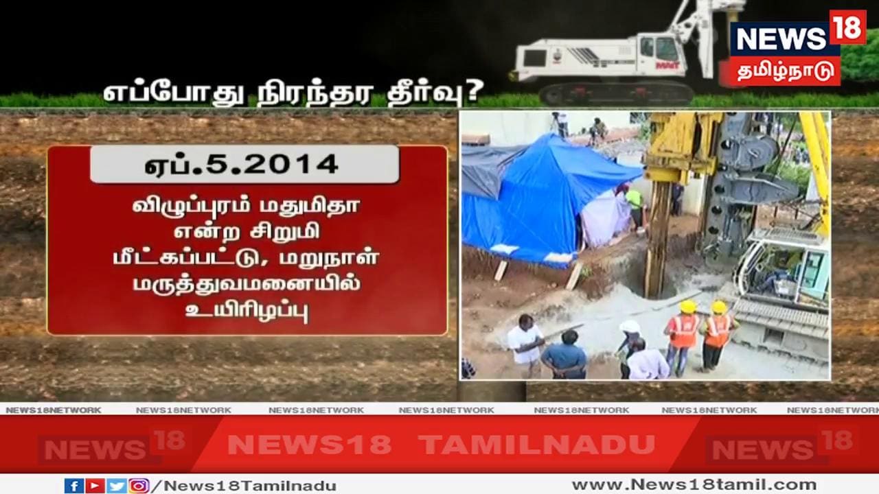 2014-ம் ஆண்டு ஏப் 5-ம் தேதி விழுப்புரம் அருகே பல்லகசேரி கிராமத்தில் ஆழ்துளை கிணற்றில் விழுந்த மதுமிதா, பல மணி போராட்டத்திற்கு பின்னர் மீட்கப்பட்டு மறுதினம் சிகிச்சை பலனளிக்காமல் உயிரிழந்தார். 2014-ம் ஆண்டு ஏப் 5-ம் தேதி விழுப்புரம் அருகே பல்லகசேரி கிராமத்தில் ஆழ்துளை கிணற்றில் விழுந்த மதுமிதா, பல மணி போராட்டத்திற்கு பின்னர் மீட்கப்பட்டு மறுதினம் சிகிச்சை பலனளிக்காமல் உயிரிழந்தார்.