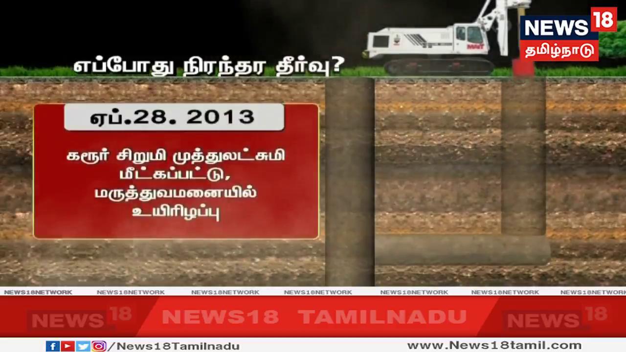 2013 ஆண்டு ஏப்ரல் 28-ம் தேதி கரூர் அருகே 600 அடி ஆழ்துளைக் கிணற்றில் விழுந்த சிறுமி முத்துலட்சுமி, சிகிச்சை பலனின்றி மருத்துவமனையில் உயிரிழந்தார். 2013 ஆண்டு ஏப்ரல் 28-ம் தேதி கரூர் அருகே 600 அடி ஆழ்துளைக் கிணற்றில் விழுந்த சிறுமி முத்துலட்சுமி, சிகிச்சை பலனின்றி மருத்துவமனையில் உயிரிழந்தார்.