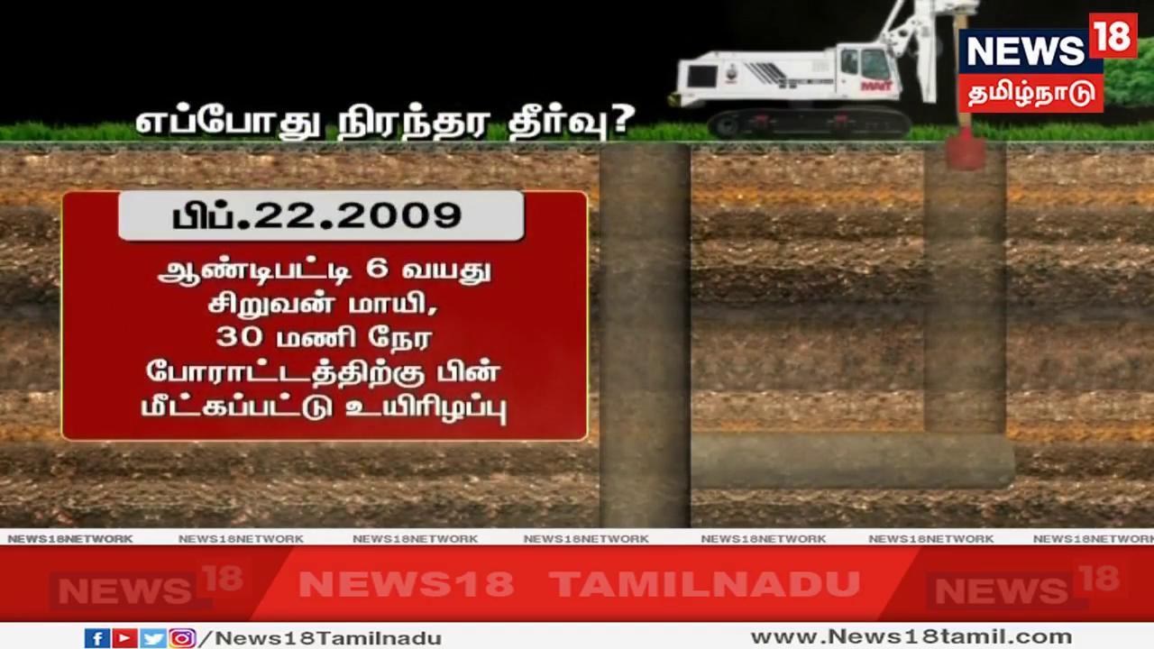 2009ம் ஆண்டு பிப்ரவரி 22-ம் தேதி ஆண்டிபட்டி அருகே ஆழ்துளை கிணற்றில் தவறி விழுந்த 6 வயது சிறுவன் மாயி, 30 மணி நேர போராட்டத்திற்கு பின்னர் மீட்கப்பட்டும் உயிரிந்தான். 2009ம் ஆண்டு பிப்ரவரி 22-ம் தேதி ஆண்டிபட்டி அருகே ஆழ்துளை கிணற்றில் தவறி விழுந்த 6 வயது சிறுவன் மாயி, 30 மணி நேர போராட்டத்திற்கு பின்னர் மீட்கப்பட்டும் உயிரிந்தான்.