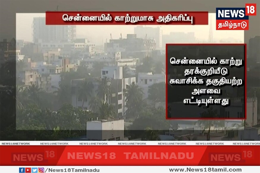 சென்னையில் காற்று தரக்குறியீடு சுவாசிக்க தகுதியற்ற அளவை எட்டியுள்ளதாக காற்று மாசுபாடு கண்காணிப்பு மையம் தெரிவித்துள்ளது. சென்னையில் காற்று தரக்குறியீடு சுவாசிக்க தகுதியற்ற அளவை எட்டியுள்ளதாக காற்று மாசுபாடு கண்காணிப்பு மையம் தெரிவித்துள்ளது.