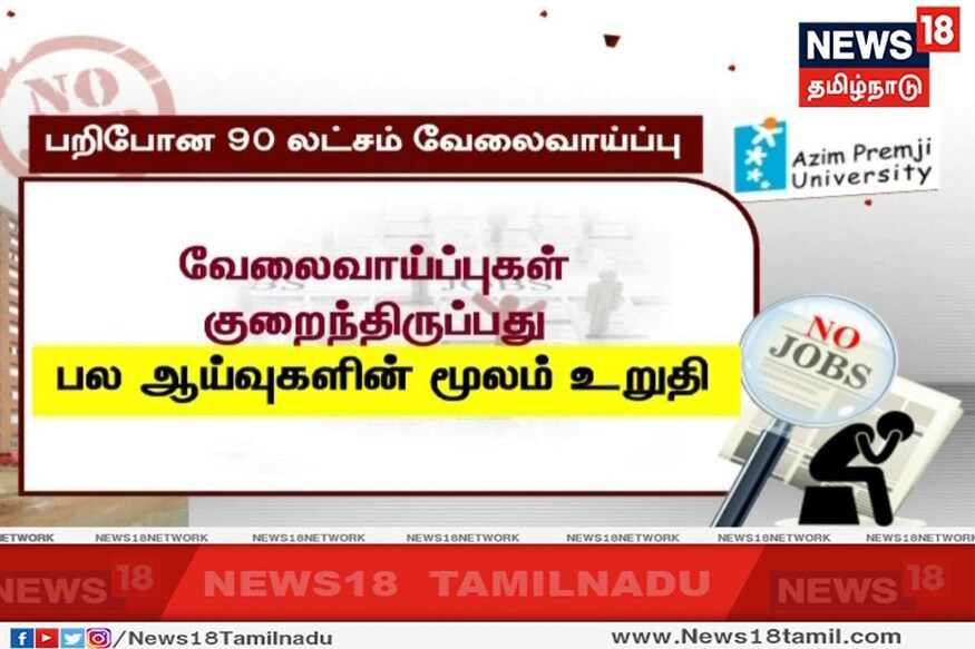 இந்தியாவில் கடந்த 6 ஆண்டுகளில் 90 லட்சம் வேலைவாய்ப்புகள் பறிபோய் இருக்கும் அதிர்ச்சித் தகவல், தனியார் பல்கலைக்கழகம் ஒன்று நடத்திய ஆய்வின் மூலம் தெரியவந்துள்ளது. இந்தியாவில் கடந்த 6 ஆண்டுகளில் 90 லட்சம் வேலைவாய்ப்புகள் பறிபோய் இருக்கும் அதிர்ச்சித் தகவல், தனியார் பல்கலைக்கழகம் ஒன்று நடத்திய ஆய்வின் மூலம் தெரியவந்துள்ளது.