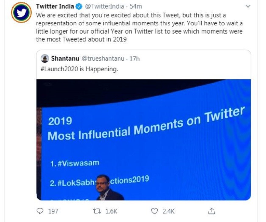 இதுகுறித்து விளக்கமளித்துள்ள ட்விட்டர், “இந்த ட்வீட்டை பார்க்கும் போது ஆச்சர்யமாக உள்ளது. ஆனால் இது இந்த வருடத்தில் அதிகம் பேசப்பட்ட தருணங்களில் ஒன்றுதான். 2019-ம் ஆண்டில் அதிகம் பேசப்பட்ட தலைப்புகளின் அதிகாரப்பூர்வ பட்டியல் விரைவில் வெளியிடப்படும்” என்று தெரிவித்துள்ளது. இதுகுறித்து விளக்கமளித்துள்ள ட்விட்டர், “இந்த ட்வீட்டை பார்க்கும் போது ஆச்சர்யமாக உள்ளது. ஆனால் இது இந்த வருடத்தில் அதிகம் பேசப்பட்ட தருணங்களில் ஒன்றுதான். 2019-ம் ஆண்டில் அதிகம் பேசப்பட்ட தலைப்புகளின் அதிகாரப்பூர்வ பட்டியல் விரைவில் வெளியிடப்படும்” என்று தெரிவித்துள்ளது.