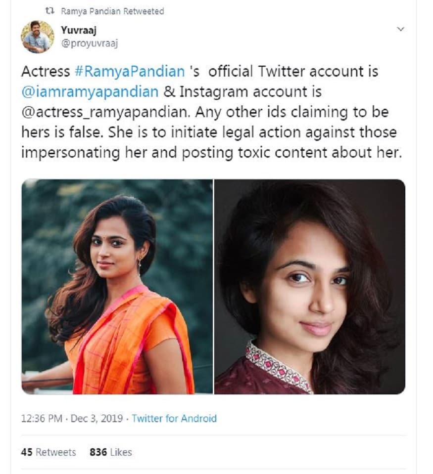 இந்நிலையில் அவரது பெயரில் சமூகவலைதளங்களில் கணக்குகள் தொடங்கி அதில் நான் தான் ரம்யா பாண்டியன் என்று கூறுவது தவறானது. அவ்வாறு அவரது பெயரில் தவறான பதிவுகளை பதிவிட்டால் சட்டபடியான நடவடிக்கை எடுக்கப்படும் என்றும் அவரது மக்கள் தொடர்பாளரின் ட்விட்டர் பக்கத்தில் தெரிவிக்கப்பட்டுள்ளது. இந்நிலையில் அவரது பெயரில் சமூகவலைதளங்களில் கணக்குகள் தொடங்கி அதில் நான் தான் ரம்யா பாண்டியன் என்று கூறுவது தவறானது. அவ்வாறு அவரது பெயரில் தவறான பதிவுகளை பதிவிட்டால் சட்டபடியான நடவடிக்கை எடுக்கப்படும் என்றும் அவரது மக்கள் தொடர்பாளரின் ட்விட்டர் பக்கத்தில் தெரிவிக்கப்பட்டுள்ளது.