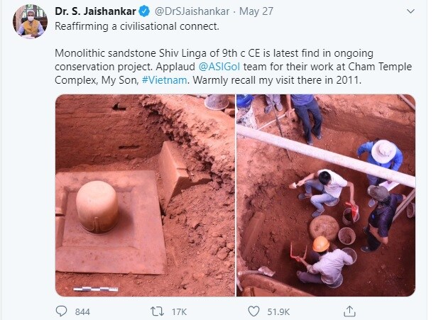 இதனை இந்திய வெளியுறவுத்துறை அமைச்சர் ஜெய்சங்கர் தனது ட்விட்டர் பக்கத்தில் பதிவிட்டிருந்தார். அதில் இந்தியா - வியாட்நாமிற்கு இடையே உள்ள நாகரீக தொடர்பை இந்த கண்டுபிடிப்பு மீண்டும் உறுதி செய்துள்ளது என்றுள்ளார். இதனை இந்திய வெளியுறவுத்துறை அமைச்சர் ஜெய்சங்கர் தனது ட்விட்டர் பக்கத்தில் பதிவிட்டிருந்தார். அதில் இந்தியா - வியாட்நாமிற்கு இடையே உள்ள நாகரீக தொடர்பை இந்த கண்டுபிடிப்பு மீண்டும் உறுதி செய்துள்ளது என்றுள்ளார்.