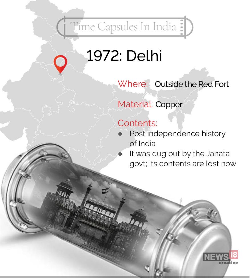 டெல்லி செங்கோட்டையின் வெளிப்புறத்தில் டைம் கேப்சூல் 1972-ல் புதைக்கப்பட்டது. இந்தியாவின் சுதந்திர போராட்ட வரலாறு குறித்த தகவல்கள் இதில் இடம்பெற்றன. டெல்லி செங்கோட்டையின் வெளிப்புறத்தில் டைம் கேப்சூல் 1972-ல் புதைக்கப்பட்டது. இந்தியாவின் சுதந்திர போராட்ட வரலாறு குறித்த தகவல்கள் இதில் இடம்பெற்றன.