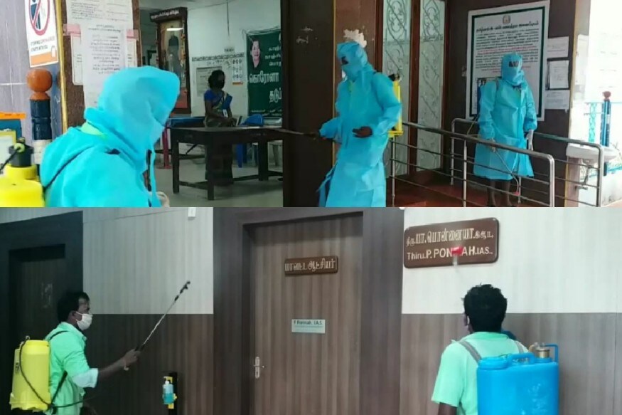காஞ்சிபுரம் மாவட்ட ஆட்சியருக்கு கொரோனா தொற்று உறுதி செய்யப்பட்டதை தொடர்ந்து கிருமிநாசினி தெளிக்கும் பணிகள் தீவிரமாக நடைபெற்று வருகிறது. காஞ்சிபுரம் மாவட்ட ஆட்சியருக்கு கொரோனா தொற்று உறுதி செய்யப்பட்டதை தொடர்ந்து கிருமிநாசினி தெளிக்கும் பணிகள் தீவிரமாக நடைபெற்று வருகிறது.