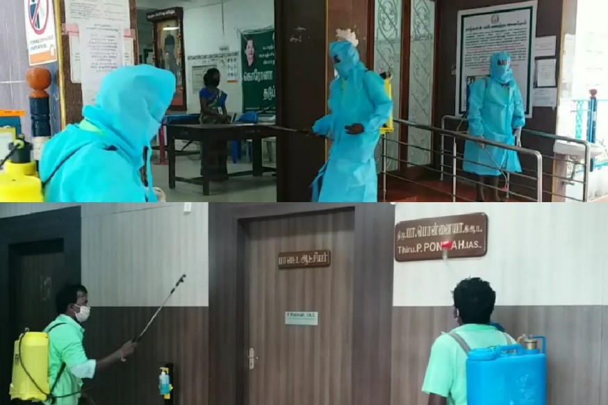  காஞ்சிபுரம் மாவட்ட ஆட்சியருக்கு கொரோனா தொற்று உறுதி செய்யப்பட்டதை தொடர்ந்து கிருமிநாசினி தெளிக்கும் பணிகள் தீவிரமாக நடைபெற்று வருகிறது.