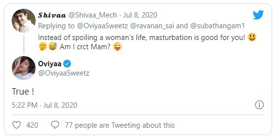 அதற்கு ஓவியா உண்மை தான் என்று துணிச்சலாக பதிலளித்துள்ளார். மேலும் அது உங்கள் உடம்பிற்கு நல்லது என்றும் மற்றொரு பதிவில் கருத்து தெரிவித்துள்ளார். அதற்கு ஓவியா உண்மை தான் என்று துணிச்சலாக பதிலளித்துள்ளார். மேலும் அது உங்கள் உடம்பிற்கு நல்லது என்றும் மற்றொரு பதிவில் கருத்து தெரிவித்துள்ளார்.