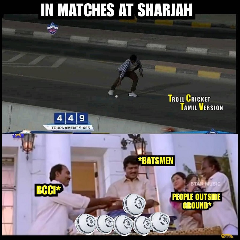  ஷார்ஜாவில் மைதானத்தை விட்டு அடிக்கும் பந்தை ரசிகர்கள் எடுத்து செல்வது வழக்கமாக உள்ளது.