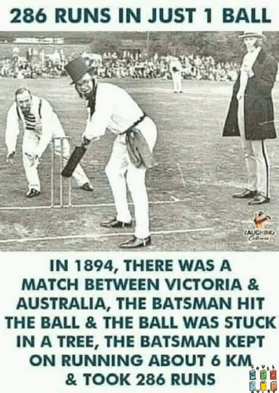 1800-ல் நடைபெற்ற போட்டி ஒன்றில் ஒரு பந்தில் 286 ரன்கள் எடுக்கப்பட்டது என்றால் உங்களால் நம்ப முடிகிறதா..? ஆனால் ஒரே பந்தில் 286 ரன்களை ஒடியே எடுத்துள்ளனர். 1800-ல் நடைபெற்ற போட்டி ஒன்றில் ஒரு பந்தில் 286 ரன்கள் எடுக்கப்பட்டது என்றால் உங்களால் நம்ப முடிகிறதா..? ஆனால் ஒரே பந்தில் 286 ரன்களை ஒடியே எடுத்துள்ளனர்.