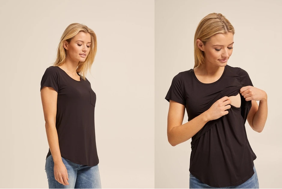 V-நெக் டாப்ஸ் (V-neck tops) : V-நெக் டாப்ஸ் நர்சிங் தாய்மார்களுக்கு மிகவும் பிடித்தவை, ஏனெனில் அவை உடுத்த எளிதானவை, வசதியானவை மற்றும் அனைத்து விதமான உடல் தோற்றத்திற்கும் சரியான ஒரு உடையாகும். இந்த உடையை அணிந்து கொண்டிருந்தால் உங்களால் எவ்வித சிரமமுமின்றி எளிதாக தாய்ப்பால் கொடுக்க முடியும். V-நெக் டாப்ஸ் (V-neck tops) : V-நெக் டாப்ஸ் நர்சிங் தாய்மார்களுக்கு மிகவும் பிடித்தவை, ஏனெனில் அவை உடுத்த எளிதானவை, வசதியானவை மற்றும் அனைத்து விதமான உடல் தோற்றத்திற்கும் சரியான ஒரு உடையாகும். இந்த உடையை அணிந்து கொண்டிருந்தால் உங்களால் எவ்வித சிரமமுமின்றி எளிதாக தாய்ப்பால் கொடுக்க முடியும்.