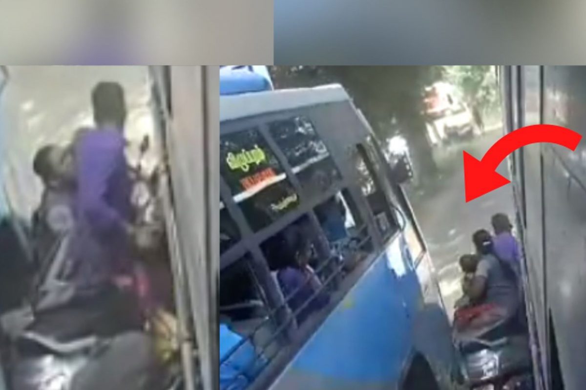 பேருந்துகளுக்கு இடையே கைக்குழந்தையுடன் சிக்கிக் கொண்ட தம்பதி..