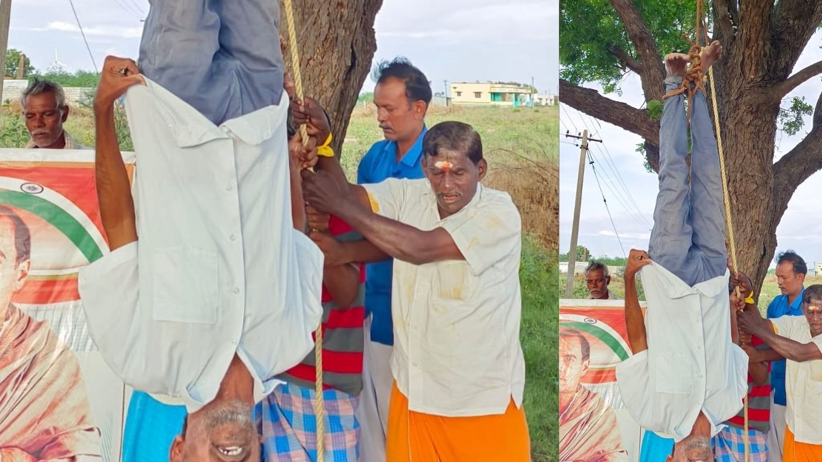 ராஜீவ்காந்தி படுகொலைக்கு நீதி கேட்டு மரத்தில் தலைகீழாக தொங்கி காங்கிரஸ் நிர்வாகி நூதனப்போராட்டம்
