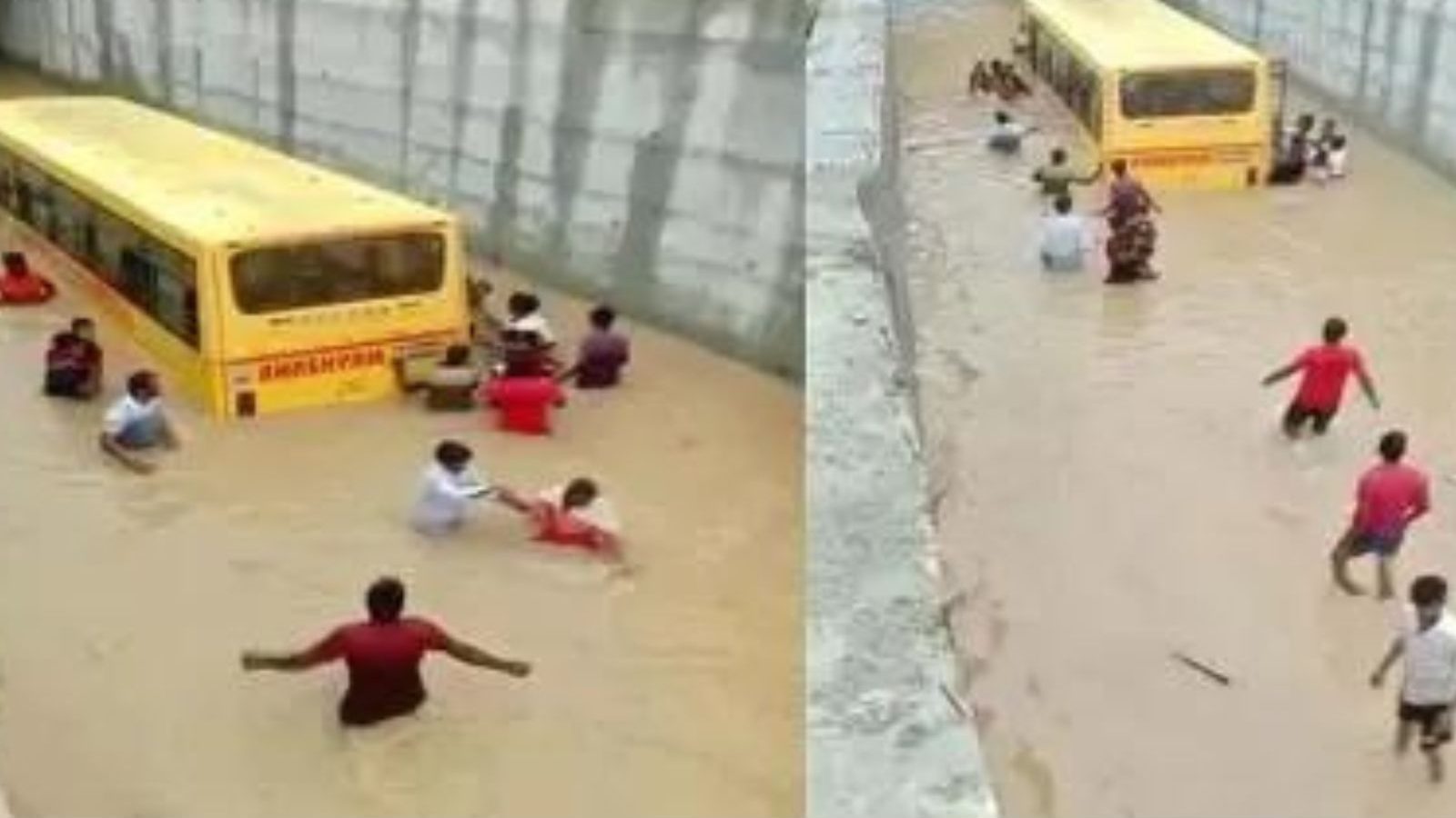 சுரங்கப்பாதை நீரில் சிக்கிய பள்ளி பேருந்து... குழந்தைகளை விரைந்து மீட்ட மக்கள்… குவியும் பாராட்டுகள்!