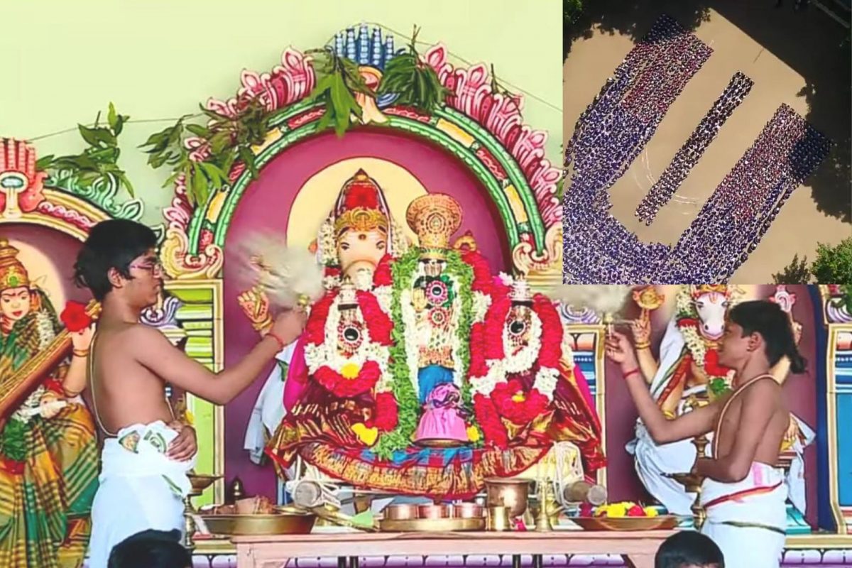 ஸ்ரீவிஷ்ணுவின் திருநாமத்தினை வடிவமாக அமர்ந்து பாராயணம் செய்த மாணவர்கள்